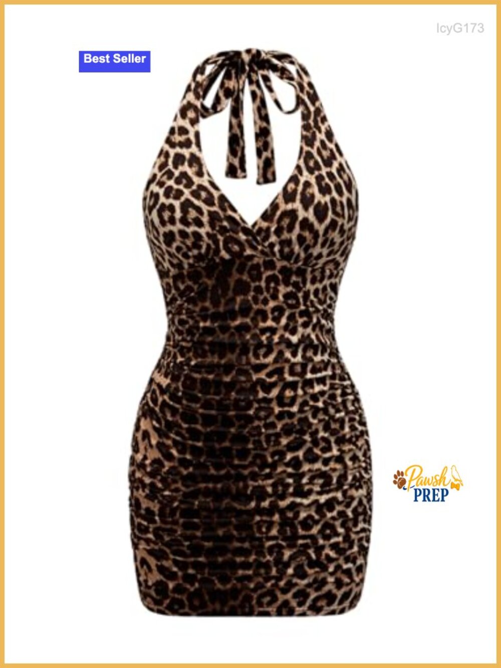 Leopard Print Halter Bodycon Mini Dress Sleeveless Ruched Stretchy